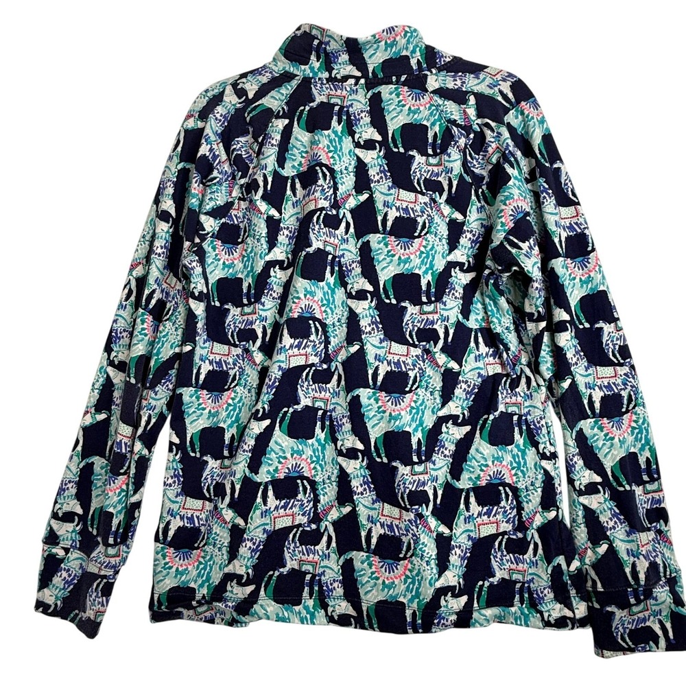 Lilly Pulitzer Llama M Half Zip Pullover Navy Aqua Pink Print Heavily Worn